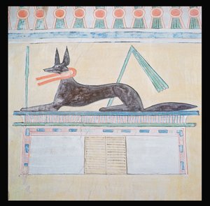 Anubis, egyptisk gud för de döda, liggande på toppen av en sarkofag, väggmålning i Valley Temple of the Pyramid of Menkaure, Old Kingdom, c.2613-2494 BC (väggmålning)